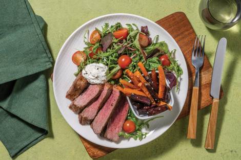 Middle Eastern Beef Rump, Haloumi & Sesame Veg Fries