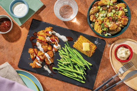 Popcorn Chicken & Cheesy Bacon Potatoes