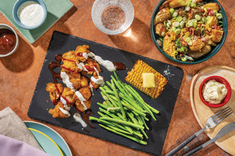 Popcorn Chicken & Cheesy Bacon Potatoes