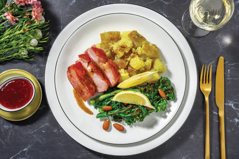 Roasted Pork Belly & Cheesy Crushed Potatoes