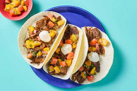 One-Pan Steak Tacos with Mango Salsa