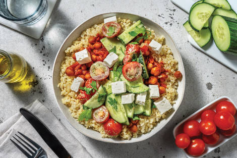 Chicken & Chickpea Bulgur Greek Salad Bowl