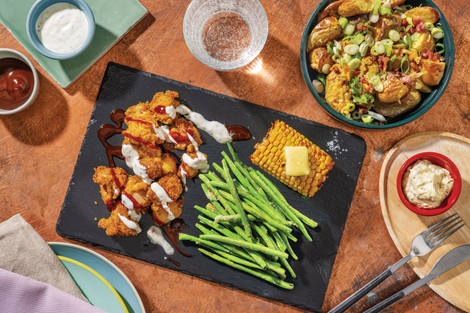 Popcorn Chicken & Cheesy Bacon Potatoes