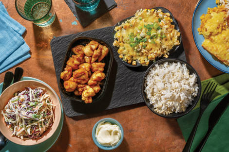 Sticky Korean Popcorn Chicken & Cheesy Corn