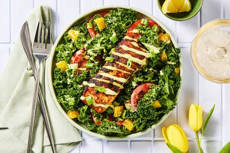 Seared Salmon & Kale Salad with Mango