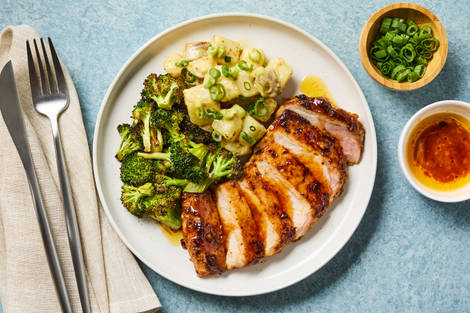 [SIDE VEG DOUBLE BROCCOLI] Honey Butter Pork Chops w Smoky Potato Salad and Roasted Broccoli Crowns