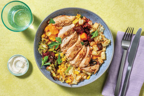 Double Spiced Chicken & Roast Veggie Traybake