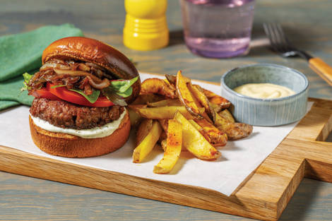 Plant-Based Burger, Haloumi & Spiced Sweet Potato Fries