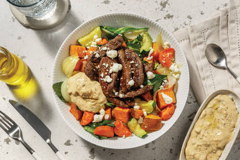 Double Garlicky Beef & Roast Veggie Toss