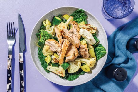 Garlic Chicken & Cauliflower-Kale Traybake