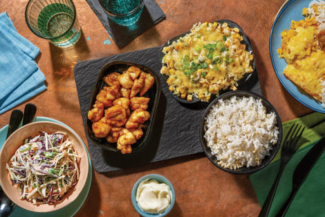 Sticky Korean Popcorn Chicken & Cheesy Corn