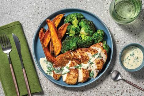 Easy Seared Plant-Based Crumbed Chick'n & Parsley Sauce