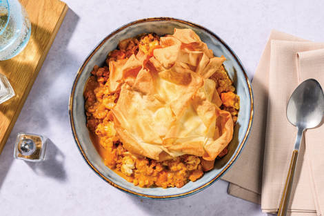 Indian Lentil, Chicken & Cauliflower Dhal Filo Pie