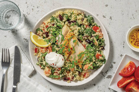 Double Seared Barramundi & Zesty Olive Couscous Salad