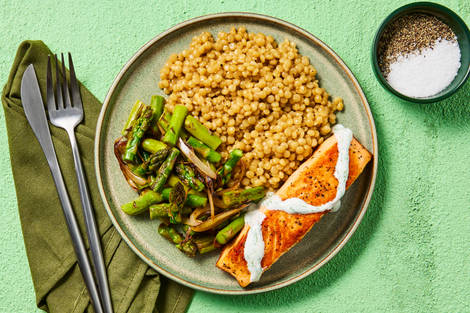 Salmon with Dilly Crème Fraîche & Brussels