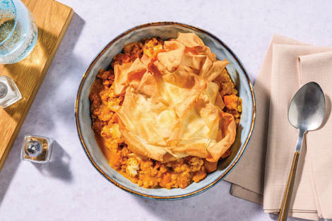 Indian Lentil, Chicken & Cauliflower Dhal Filo Pie