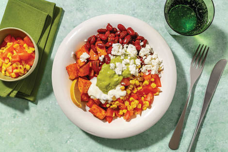 Cheesy Mexican Bean & Roasted Sweet Potato Bowl