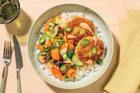 Double Asian-Style Hoki Fish Cakes & Garlic Rice