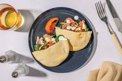 Grilled Beef Steak, Haloumi & Onion Pita Pockets