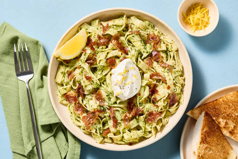 Pesto Fettuccine & Crispy Prosciutto
