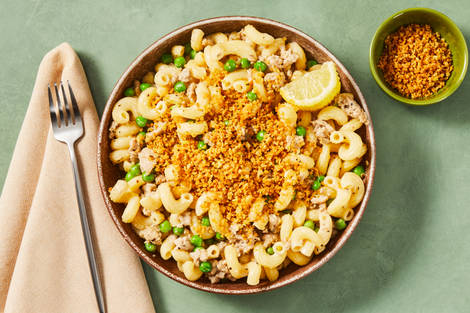 Creamy Lemon Cavatappi with Beef & Peas