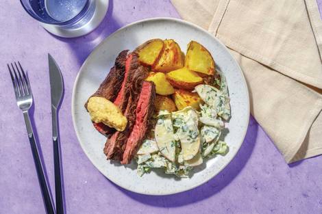 Rump Steak, Prawns & Twice-Cooked Herby Potatoes