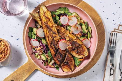 Roasted Sweet-Soy Eggplant, Chicken & Cucumber Slaw