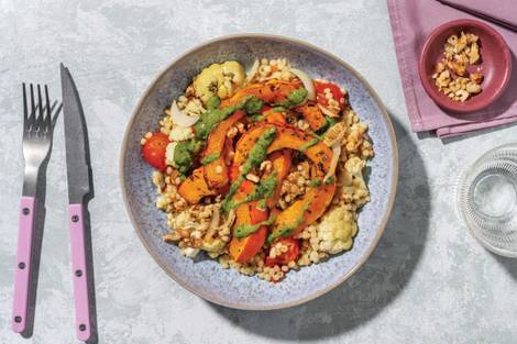 Garlicky Pumpkin, Haloumi & Veggie Pearl Couscous