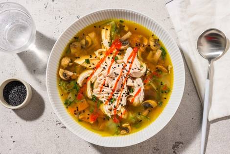 Shredded Chicken Thighs-and-Mushroom Soup