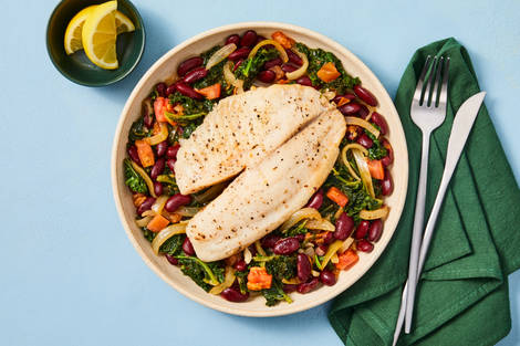 One-Pan Cobia with Red Beans & Kale