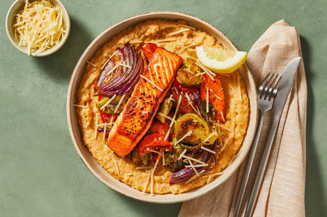 Tuscan Salmon & Brussels Polenta Bowls