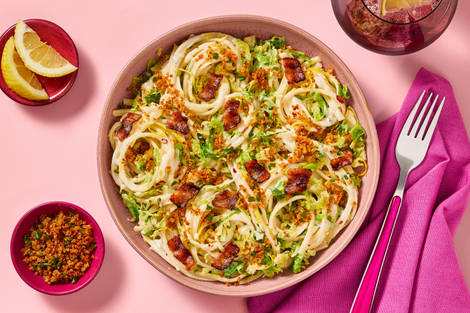 Lemony Spaghetti with Bacon & Brussels