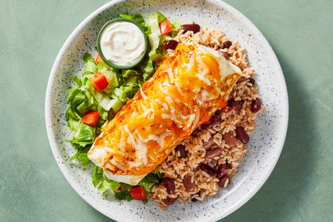 Smothered Three-Bean & Rice Burritos