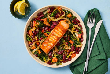 One-Pan Salmon with Red Beans & Kale