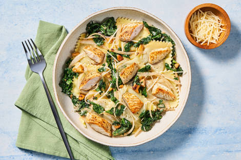 Mushroom Ravioli with Chicken & Kale