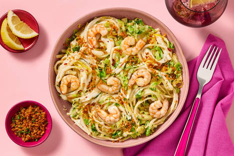 Lemony Spaghetti with Shrimp & Brussels