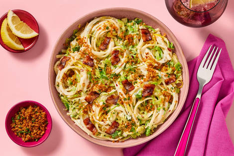 Lemony Spaghetti with Bacon & Brussels