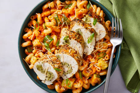 Pesto Chicken Rollatini over Cavatappi