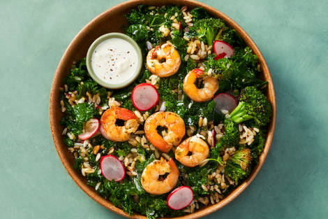 Shrimp & Kale Bowls with Feta Dressing