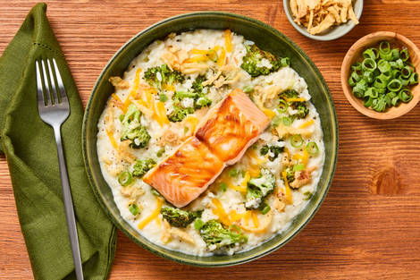 Creamy Cheddar Broccoli Risotto & Salmon