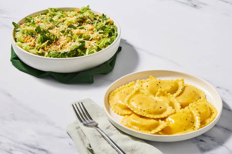 Super-Quick Butternut Squash Agnolotti with Truffle Butter & Caesar Salad