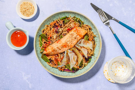 Sweet Chilli Salmon and Vegetable Gyoza Noodle Bowl