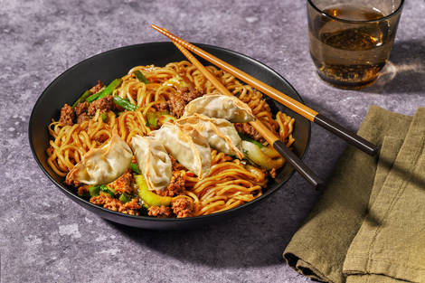 Quick Teriyaki Beef Noodles and Vegetable Gyozas