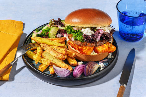 Greek Style Halloumi & Veggie Burger and Oregano Chips