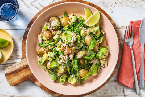 Salade de truite fumée, avocat et grenailles