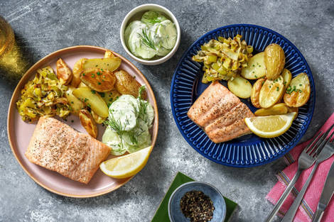 Saumon, poireaux fondants & grenailles rôties