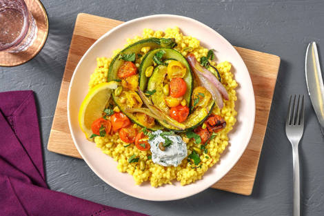 Courgette grillée, labneh & beurre au curcuma