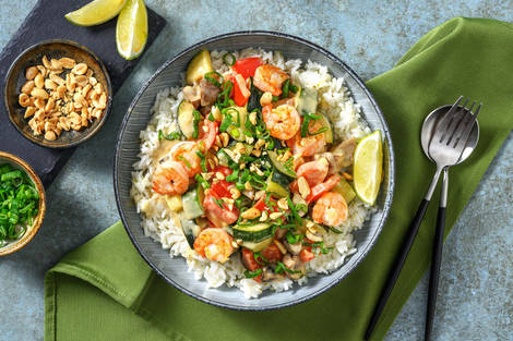 Scharfes grünes Gemüsecurry mit extra Garnelen