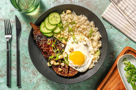 Aubergine glacée à la japonaise au miso et œuf au plat