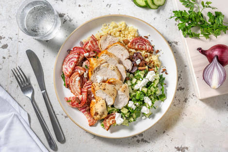 Salade de boulgour au poulet et betterave chioggia rôtie 